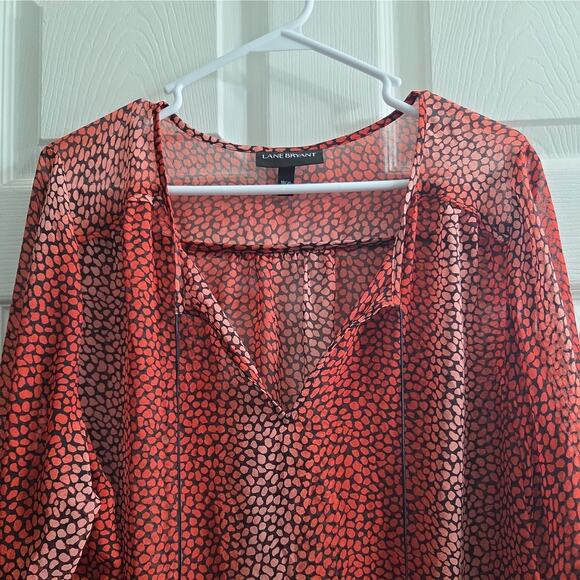 Lane Bryant Red & Black Tie Front Tassel Pullover Sheer Blouse Animal Print18/20 - Picture 2 of 7